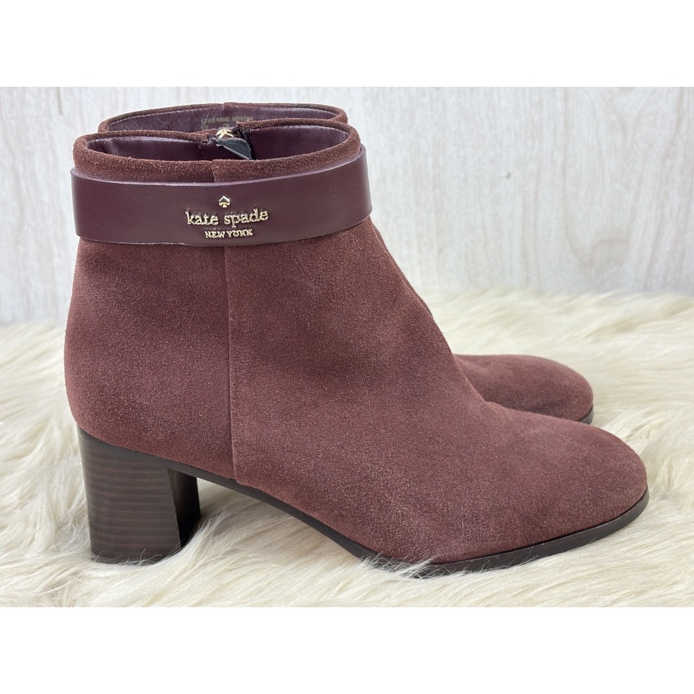 Kate Spade Morgan Booties Womens 7.5 Burgundy Suede Block Heel Ankle Boots